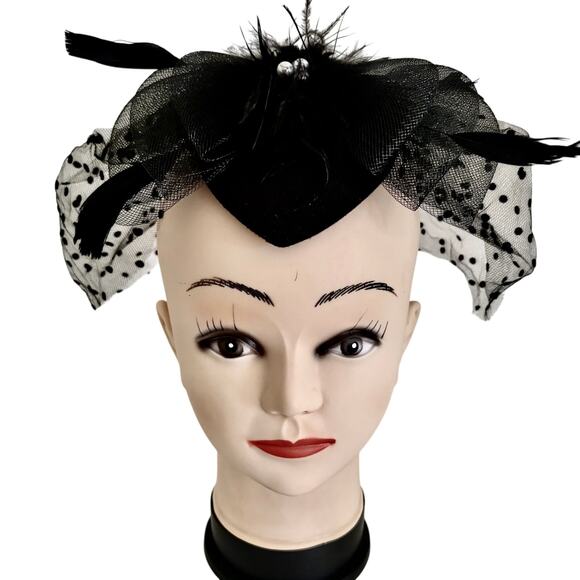 Black Feather Polka Dot Fascinator Hat w/ Faux Pearl Bow Horse Race Whimsygoth main image 5